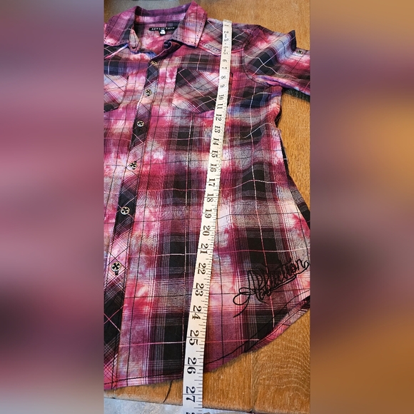 Affliction Button Down Shirt Womens Large  Red Wine Black Long Sleeves - Picture 13 of 13